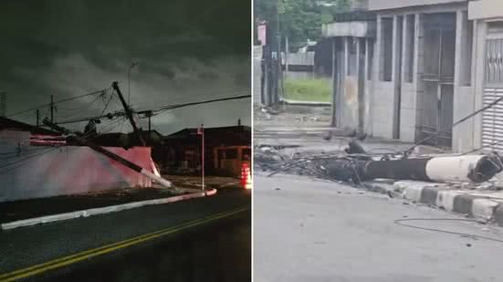 Carreta derrubou sete postes de energia elétrica durante acidente na Zona Noroeste de Santos. O motorista, de 50 anos, foi preso após o teste do bafômetro apresentar resultado positivo para álcool - Imagem: g1 Santos