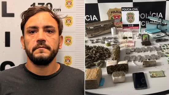 Drogas foram encontradas escondidas em um buraco na parede da cozinha de um apartamento no Centro de São Vicente - Imagem: Reprodução e Polícia Civil
