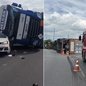 Carreta que transportava dois contêineres tombou e atingiu um veículo da CPFL Piratininga no km 59 da Rodovia Anchieta, em Cubatão, na manhã desta quarta-feira (21) - Imagem: Reprodução e PMRv