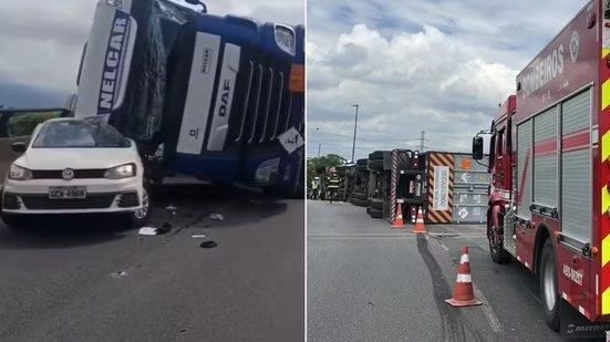 Carreta que transportava dois contêineres tombou e atingiu um veículo da CPFL Piratininga no km 59 da Rodovia Anchieta, em Cubatão, na manhã desta quarta-feira (21) - Imagem: Reprodução e PMRv