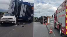 Carreta que transportava dois contêineres tombou e atingiu um veículo da CPFL Piratininga no km 59 da Rodovia Anchieta, em Cubatão, na manhã desta quarta-feira (21) - Imagem: Reprodução e PMRv