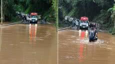 Equipes do Samu transportam motociclista de 23 anos em uma maca por trecho alagado da Rodovia Prefeito Dirceu Dias Batista, entre Ribeira e Itapirapuã Paulista, no interior de São Paulo - Imagem: Prefeitura de Ribeira