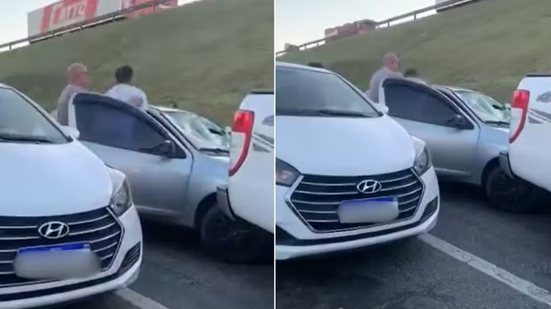 Imagens registradas por testemunhas mostram o momento em que um homem atinge o para-brisa de um veículo após perseguir a ex-companheira e o atual namorado dela em Registro - Imagem: Reprodução