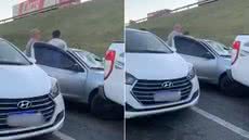 Imagens registradas por testemunhas mostram o momento em que um homem atinge o para-brisa de um veículo após perseguir a ex-companheira e o atual namorado dela em Registro - Imagem: Reprodução