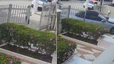 Câmera de monitoramento registrou o momento em que um carro invadiu a entrada de um condomínio no bairro Gonzaga, em Santos, causando danos à estrutura e colocando uma pedestre em situação de risco - Imagem: Reprodução