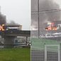 Carreta carregada com açúcar foi consumida por incêndio no acesso à Rodovia Anchieta, em Cubatão, mobilizando equipes de emergência e provocando interdição temporária do tráfego - Imagem: Reprodução
