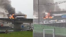 Carreta carregada com açúcar foi consumida por incêndio no acesso à Rodovia Anchieta, em Cubatão, mobilizando equipes de emergência e provocando interdição temporária do tráfego - Imagem: Reprodução