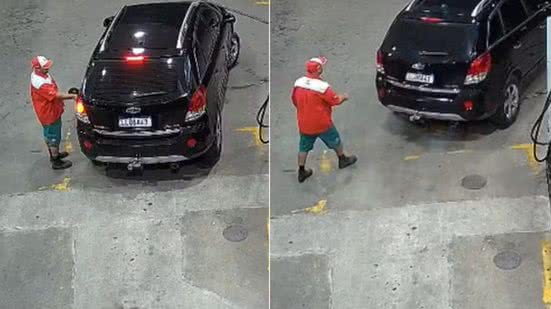Câmeras de segurança registraram o momento em que o motorista deixa o posto após abastecer o veículo; Polícia Civil apura suspeita de estelionato e possível uso de placa clonada - Imagem: Reprodução