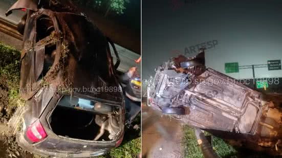 Veículo capotou após sair da pista e atingir o canteiro central da Rodovia Anchieta, em Cubatão. Três ocupantes foram socorridos, sendo o motorista em estado grave - Imagem: Artesp/Divulgação