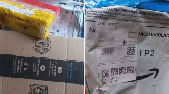 Uma moradora de Peruíbe afirma ter pago R$ 6.332 por um iPhone 17 comprado pela Amazon, mas encontrou um pacote de biscoitos cream cracker dentro da encomenda - Imagem: Arquivo Pessoal