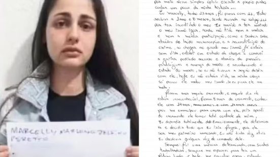 Marcelly Peretto, acusada de envolvimento na morte do irmão Igor Peretto, enviou uma carta ao juiz responsável pelo caso em Praia Grande (SP). No documento, ela nega participação no crime - Imagem: Reprodução