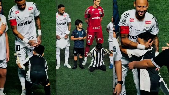 Menino de 6 anos protagoniza cena emocionante ao interagir com Neymar antes de partida na Vila Belmiro, em Santos - Imagem: Victor Augusto/@vitaooficial