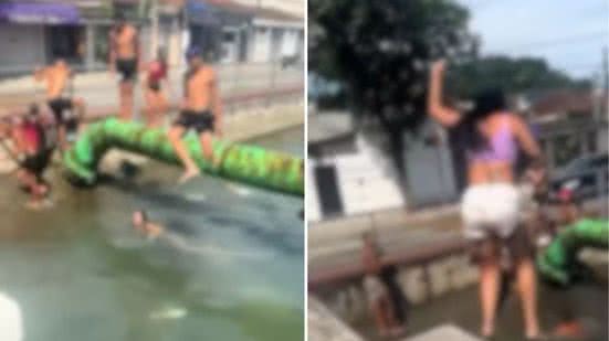 Jovens saltam de tubulação e mureta de proteção de canal na Zona Noroeste de Santos; vídeo repercutiu nas redes sociais - Imagem: Reprodução/Redes Sociais