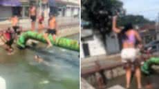 Jovens saltam de tubulação e mureta de proteção de canal na Zona Noroeste de Santos; vídeo repercutiu nas redes sociais - Imagem: Reprodução/Redes Sociais