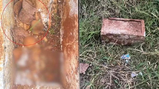 Caixa de concreto onde ossada humana foi encontrada em terreno de Itanhaém; objeto infantil localizado junto aos restos mortais chamou atenção durante a ocorrência - Imagem: GCM Itanhaém