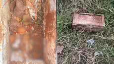 Caixa de concreto onde ossada humana foi encontrada em terreno de Itanhaém; objeto infantil localizado junto aos restos mortais chamou atenção durante a ocorrência - Imagem: GCM Itanhaém