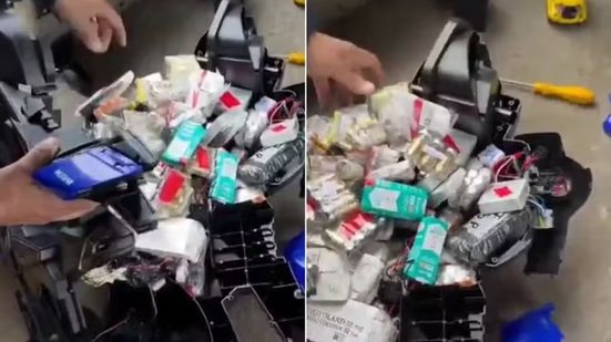 Policiais rodoviários federais encontraram 409 ampolas de medicamentos e anabolizantes, 400 comprimidos e seis caixas de produtos injetáveis escondidos na estrutura de uma moto elétrica infantil - Imagem: Divulgação/PRF