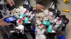 Policiais rodoviários federais encontraram 409 ampolas de medicamentos e anabolizantes, 400 comprimidos e seis caixas de produtos injetáveis escondidos na estrutura de uma moto elétrica infantil - Imagem: Divulgação/PRF
