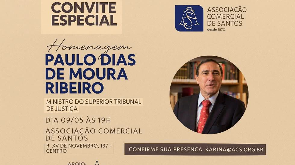 Cerimônia ocorrerá na sede da Associação Comercial de Santos, destacando a carreira do ministro e seu compromisso com a Justiça e a Constituição - Imagem: Divulgação