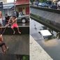 Carro ficou parcialmente submerso após capotar e cair em canal no Jardim Samambaia, em Praia Grande; moradores ajudaram no resgate do motorista - Imagem: Mary Lima