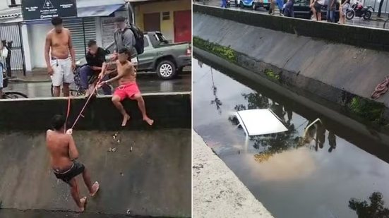 Carro ficou parcialmente submerso após capotar e cair em canal no Jardim Samambaia, em Praia Grande; moradores ajudaram no resgate do motorista - Imagem: Mary Lima