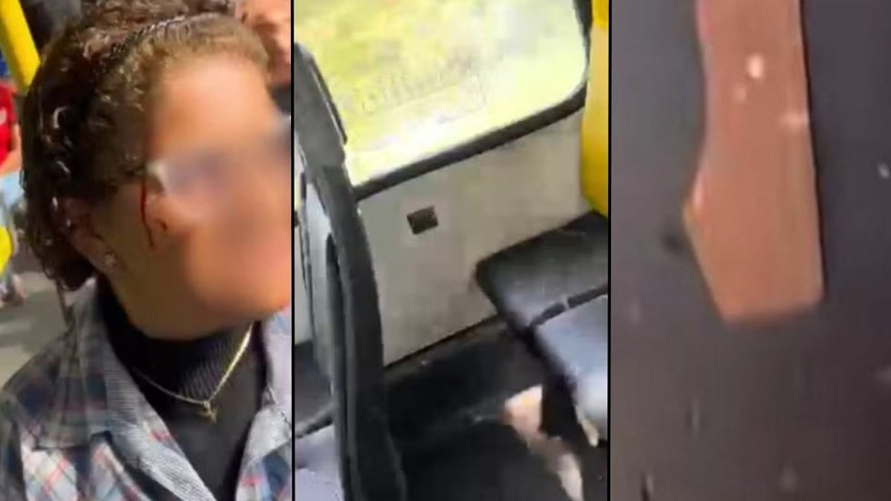 Um ataque com azulejo deixou uma mulher ferida em São Vicente, gerando pânico entre os passageiros do ônibus - Imagem: Reprodução/ Redes sociais
