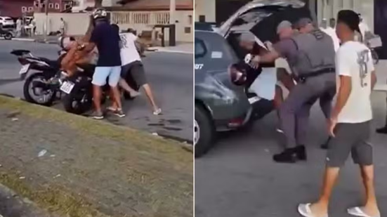 Mulher desmaiou após ser agredida pelo marido em plena orla de Peruíbe; ataque foi registrado por testemunhas - Imagem: Redes Sociais