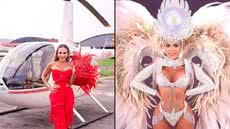 Francine Carvalho, rainha de bateria da X-9 Pioneira, utilizou helicóptero para cumprir agenda entre São Paulo e Santos durante o Carnaval 2026. - Imagem: Jhon Pinheiro / Divulgação