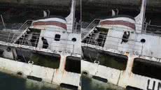 Mergulhadores atuam no resgate do navio Professor W. Besnard no Porto de Santos, onde a embarcação permanece parcialmente submersa após o afundamento - Imagem: Abner Reis/g1 Santos