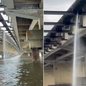 Vazamento em tubulação sob a Ponte do Mar Pequeno, em São Vicente, foi registrado por um morador que afirma acompanhar o problema há meses. A Sabesp programou o início dos reparos para terça-feira (22) - Imagem: Paulo Luiz Bárbara Lourenço