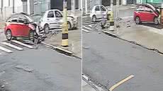 Colisão entre dois automóveis no cruzamento das ruas Antônio Bento e Joaquim Távora, na Vila Mathias, em Santos, terminou com um veículo atingindo a fachada de uma loja na manhã de domingo (18) - Imagem: Reprodução