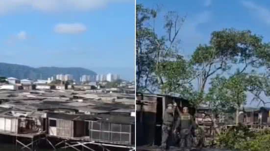Polícia Militar Ambiental demoliu uma construção irregular erguida sobre palafitas em área de manguezal de Santos durante ação de fiscalização em Área de Preservação Permanente - Imagem: Divulgação/Polícia Militar