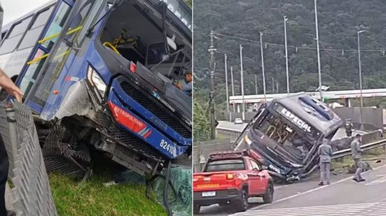 Ônibus ficou atravessado após colidir com mureta na Rodovia Padre Manoel da Nóbrega, em São Vicente. - Imagem:  Redes sociais