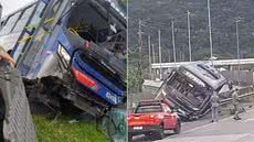 Ônibus ficou atravessado após colidir com mureta na Rodovia Padre Manoel da Nóbrega, em São Vicente. - Imagem:  Redes sociais