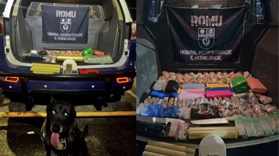 Durante patrulhamento, a ROMU recebeu denúncia de morador e encontrou drogas em imóvel suspeito, com auxílio de cão farejador - Imagem: divulgação/ ROMU