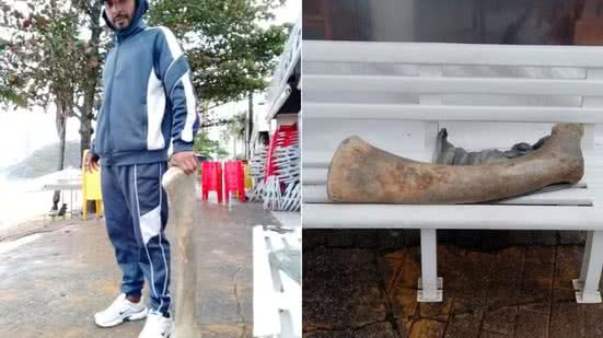 Estrutura óssea encontrada parcialmente enterrada na Praia da Enseada, em Guarujá, foi recolhida para análise após avaliação indicar possível origem em mamífero marinho de grande porte - Imagem: Arquivo Pessoal