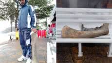 Estrutura óssea encontrada parcialmente enterrada na Praia da Enseada, em Guarujá, foi recolhida para análise após avaliação indicar possível origem em mamífero marinho de grande porte - Imagem: Arquivo Pessoal