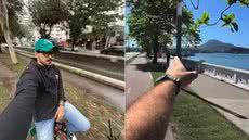 O arquiteto Rafael Andrade registra passeios de bicicleta por Santos com óculos equipados com câmera e apresenta curiosidades sobre construções e locais históricos. Seus vídeos já ultrapassaram 1 milhão de visualizações - Imagem: Arquivo Pessoal e Reprodução