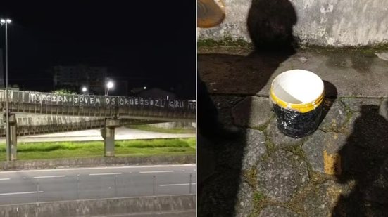 Grupo foi detido após pichar passarela sobre rodovia em Mongaguá; materiais utilizados foram apreendidos - Imagem: Divulgação/Prefeitura de Mongaguá