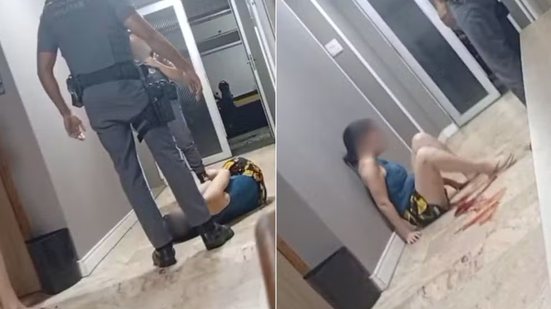 Imagens registradas por moradores mostram momento em que mulher é agredida por policial durante atendimento em prédio residencial de São Vicente - Imagem: Reprodução