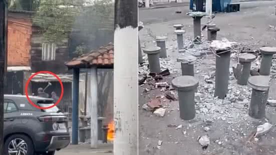 Policiais militares foram filmados destruindo mesas e bancos da Praça José Lamacchia, no bairro Bom Retiro, em Santos, durante uma operação contra o tráfico de drogas na segunda-feira (24) - Imagem: Reprodução