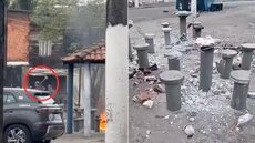 Policiais militares foram filmados destruindo mesas e bancos da Praça José Lamacchia, no bairro Bom Retiro, em Santos, durante uma operação contra o tráfico de drogas na segunda-feira (24) - Imagem: Reprodução