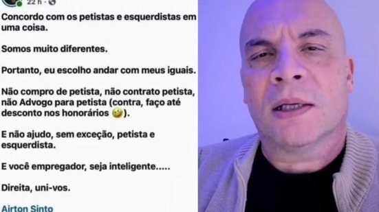 O advogado Airton Sinto pediu exoneração do cargo de secretário-adjunto de Direitos Humanos e Cidadania de Guarujá após publicações contrárias à contratação de eleitores do PT - Imagem: Reprodução
