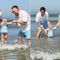 Lucas Rangel e Lucas Bley levaram a filha Mia, de 10 meses, para conhecer o mar pela primeira vez durante visita a Santos, cidade natal de Bley - Imagem: Reprodução/Redes sociais