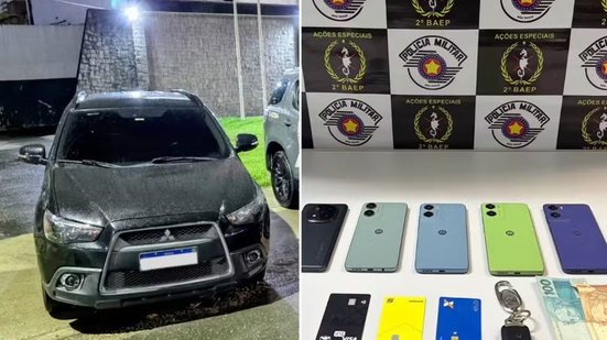 Polícia Militar apreendeu um carro com sinais identificadores adulterados, cinco celulares, três cartões bancários e dinheiro durante abordagem no Morro do Jabaquara, em Santos - Imagem: Divulgação/Polícia Militar