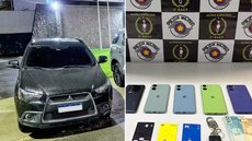 Polícia Militar apreendeu um carro com sinais identificadores adulterados, cinco celulares, três cartões bancários e dinheiro durante abordagem no Morro do Jabaquara, em Santos - Imagem: Divulgação/Polícia Militar