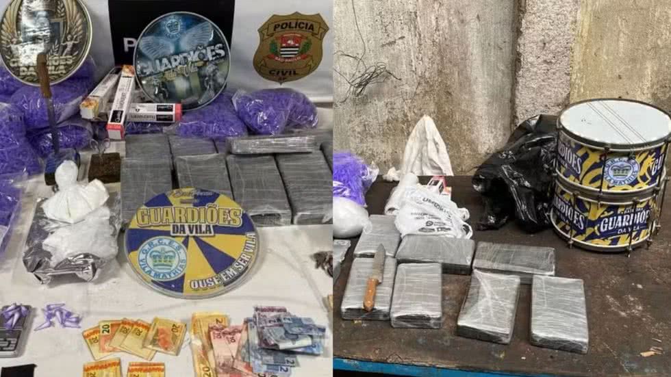 Durante a operação, foram encontrados 13 tijolos de cocaína e maconha em um quarto trancado no barracão da escola de samba Vila Mathias - Imagem: Polícia Civil