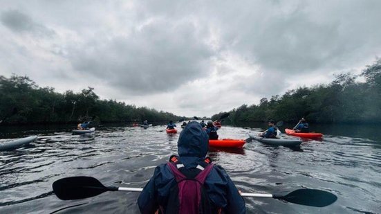 Jovens de diferentes regiões do Brasil participam de atividades de formação ambiental na Baixada Santista durante o Coletivo Jovem Mantas 2026, projeto voltado à conservação dos oceanos. - Imagem: Divulgação / Projeto Mantas do Brasil