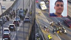 Motociclistas realizaram um protesto na Rodovia dos Imigrantes, em São Vicente, para homenagear Matheus da Silva Evangelista e alertar sobre os riscos do uso de linhas com cerol e linha chilena no trânsito - Imagem: Reprodução/CCI Artesp e Reprodução