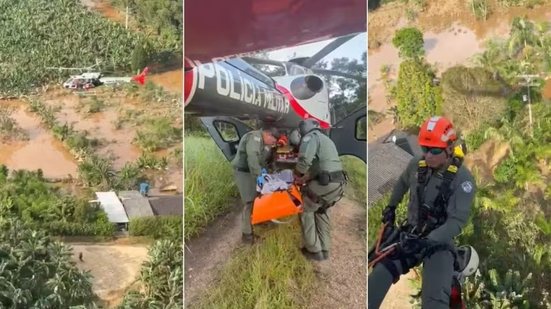 Resgate de idoso de 100 anos foi realizado por equipes do helicóptero Águia após a cheia impedir o acesso terrestre à propriedade rural em Eldorado (SP) - Imagem: Defesa Civil de SP/Divulgação